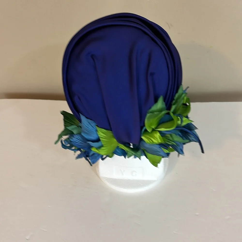 Vintage Royal Blue Satin Christine Original Hat with Leaves Accent